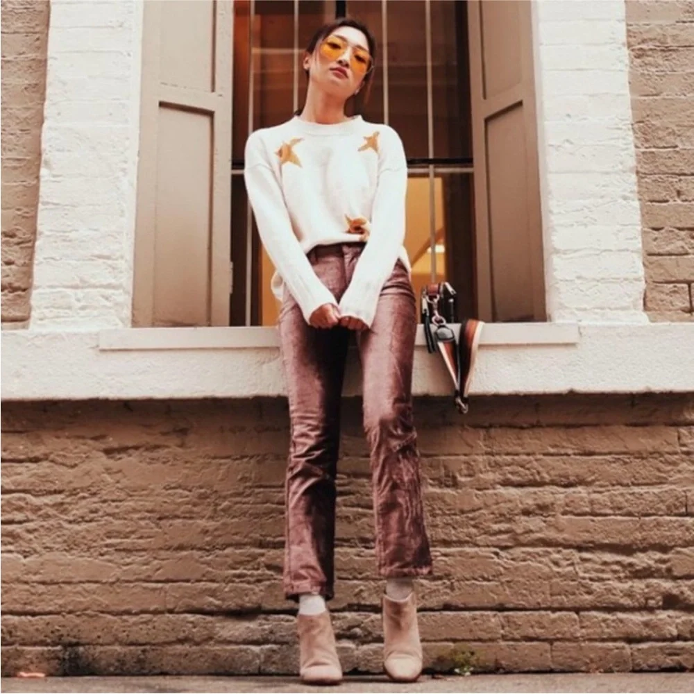 Free People Velvet Metallic Coated Cropped High Rise Disco Flare Jeans 25 Brown - Picture 2 of 13